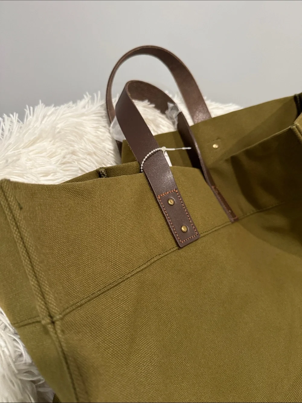 Olive Canvas Tote Bag with Brown Leather Handles